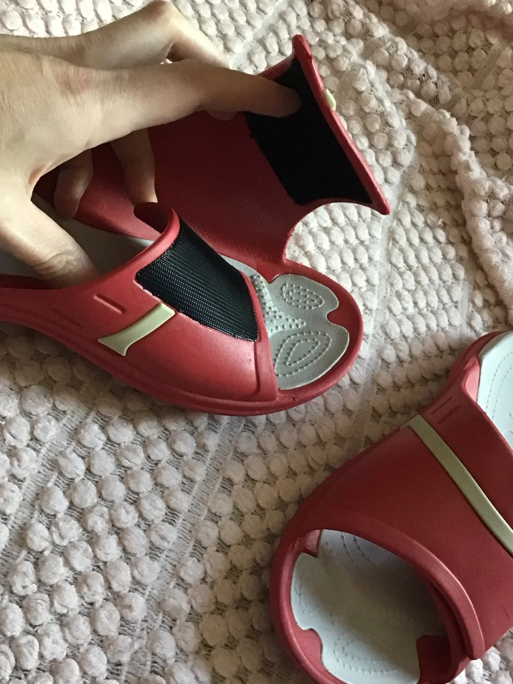 CROCS Women’s red and Light Gray Modi sport Slide Sandals (unisex)
